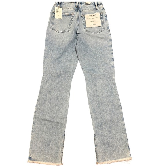 Good American Good Boy Flare Jeans Distressed Hem Slit Light Wash‎ Size 0 NWT - Picture 2 of 14